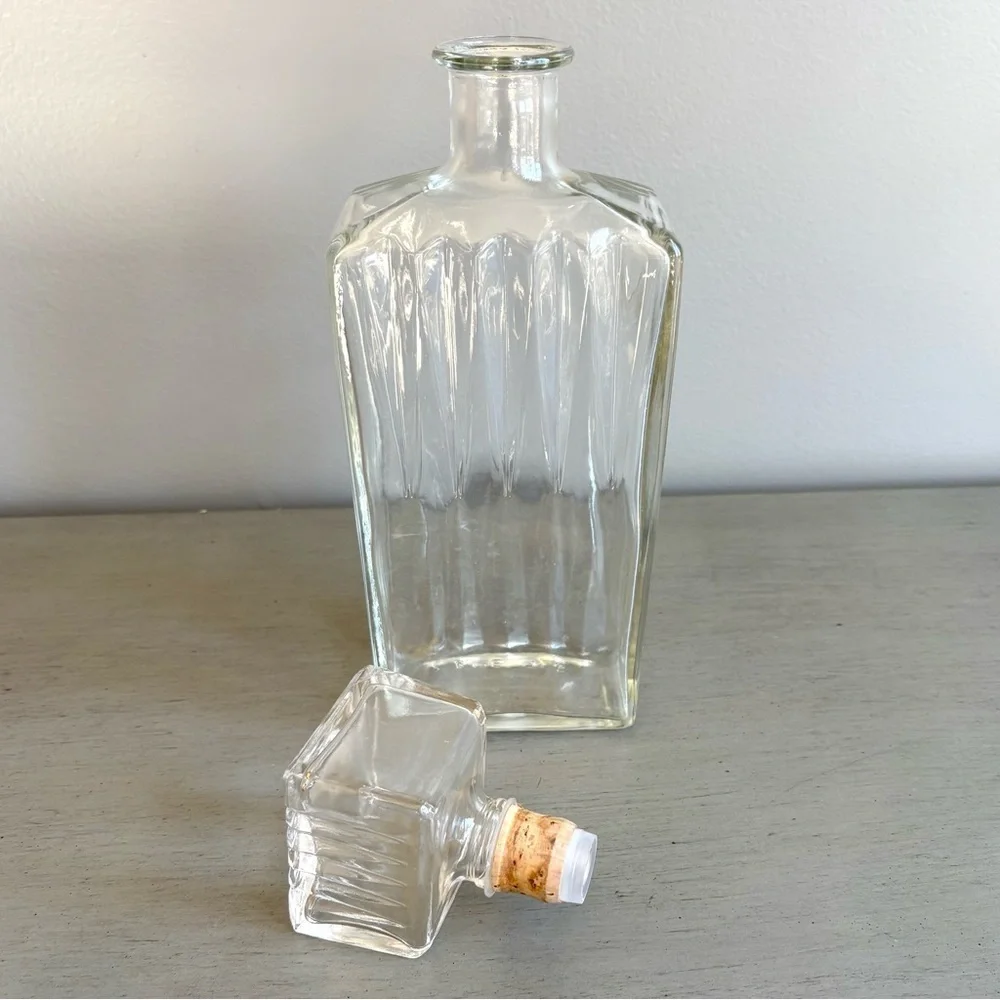 VTG 60s Heavy Clear Glass Liquor Bottle Decanter Vase Decor w/ Cork Stopper 11